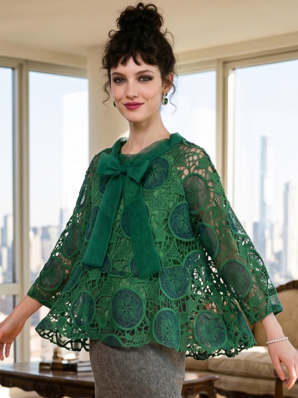 MISSLOOK Emerald Green Lace BoatNeck Long sleeve Top A Line Bow Swingy MED - Picture 11 of 15